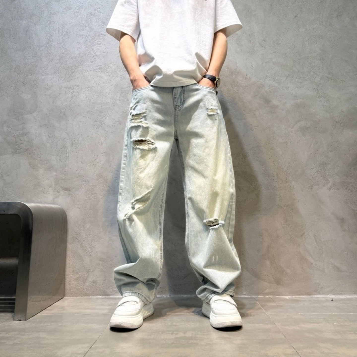 男士做旧破洞街头痞帅牛仔裤