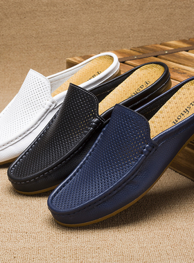 豆豆鞋男夏季2025新款一脚蹬半拖鞋男鞋子真皮无后跟皮鞋懒人38码