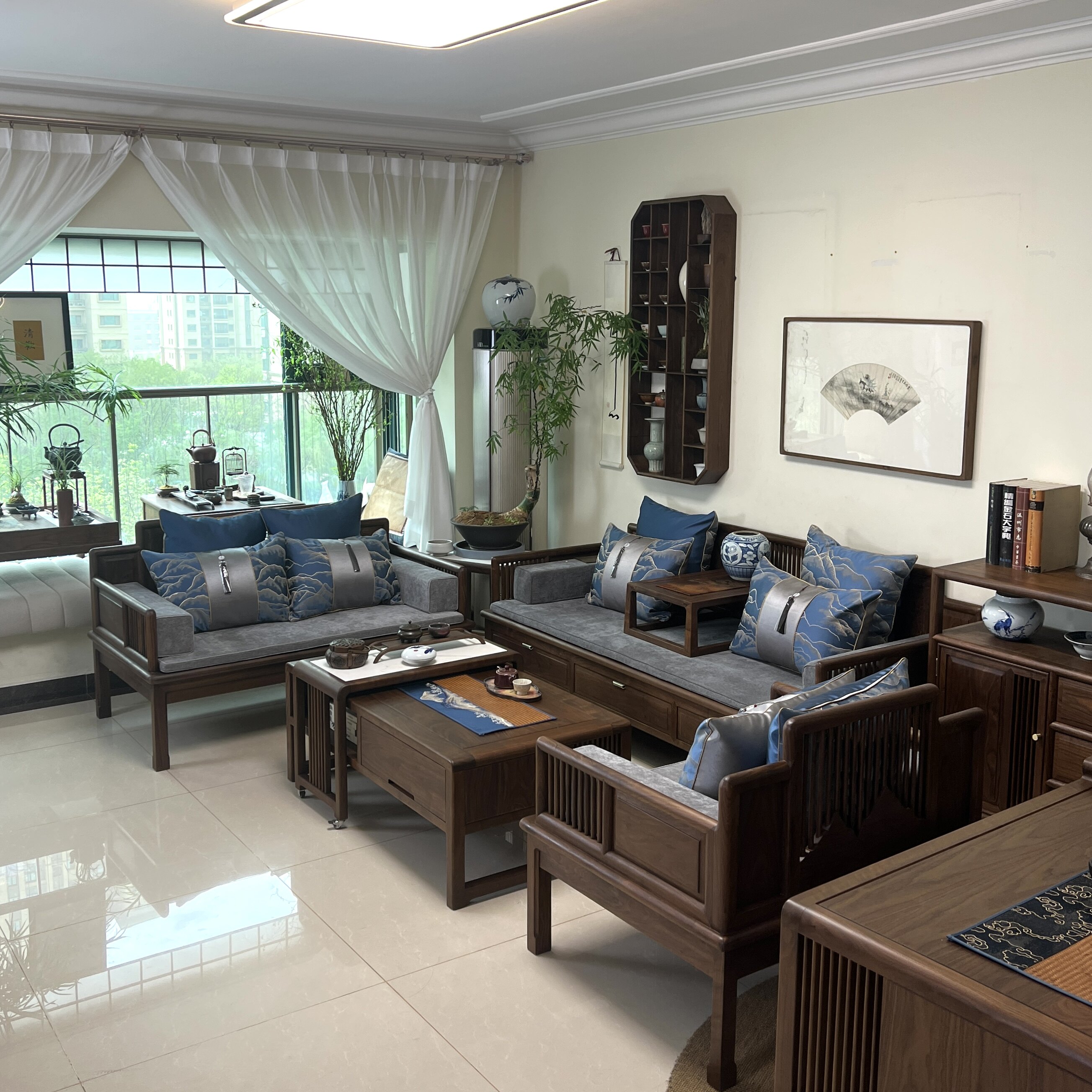 乐木新中式黑胡桃实木沙发茶几组合客厅软包布艺沙发角几定制工厂