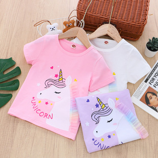 女童独角兽短袖T恤夏季新款儿童纯棉上衣宝宝夏天外穿半袖衣服3岁