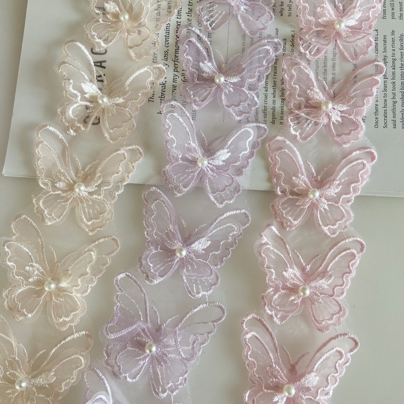 复古小清新双层蝴蝶钉珍珠立体欧根纱花边DIY手工装饰服装辅料