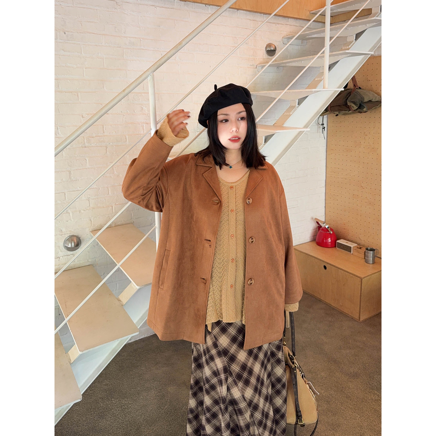 VOGANA戛纳家大码女装美拉德穿搭质感复古麂皮绒宽松西装外套秋