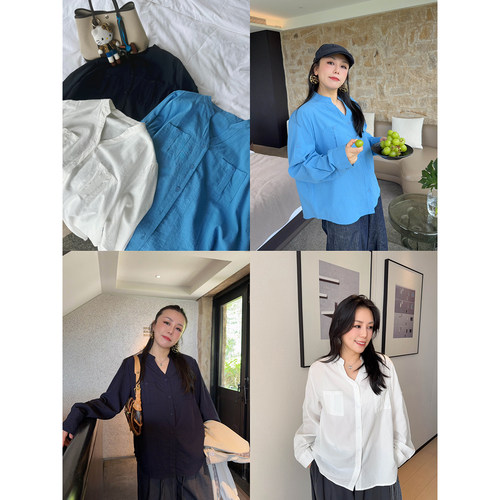 VOGANA戛纳家大码女装胖mm口袋衬衣女2026秋新款宽松显瘦纯色衬衫