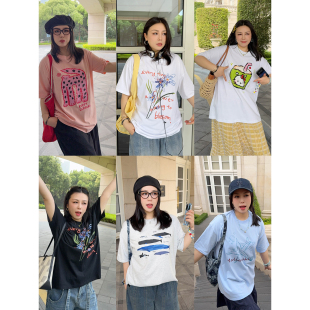VOGANA戛纳家大码女装夏日多巴胺减龄休闲宽松显瘦100棉t恤短袖女