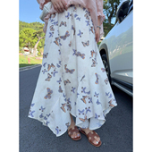 VOGANA戛纳家大码 玉蝶绮梦夏花蝴蝶高腰不规则下摆A字半身裙 女装