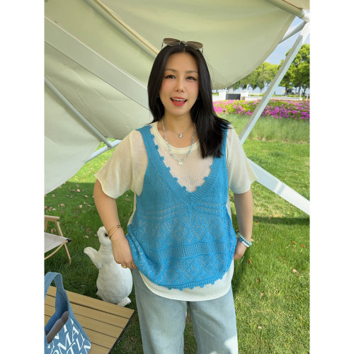 VOGANA戛纳家大码女装法式温柔叠穿假两件钩花短袖宽松显瘦针织衫