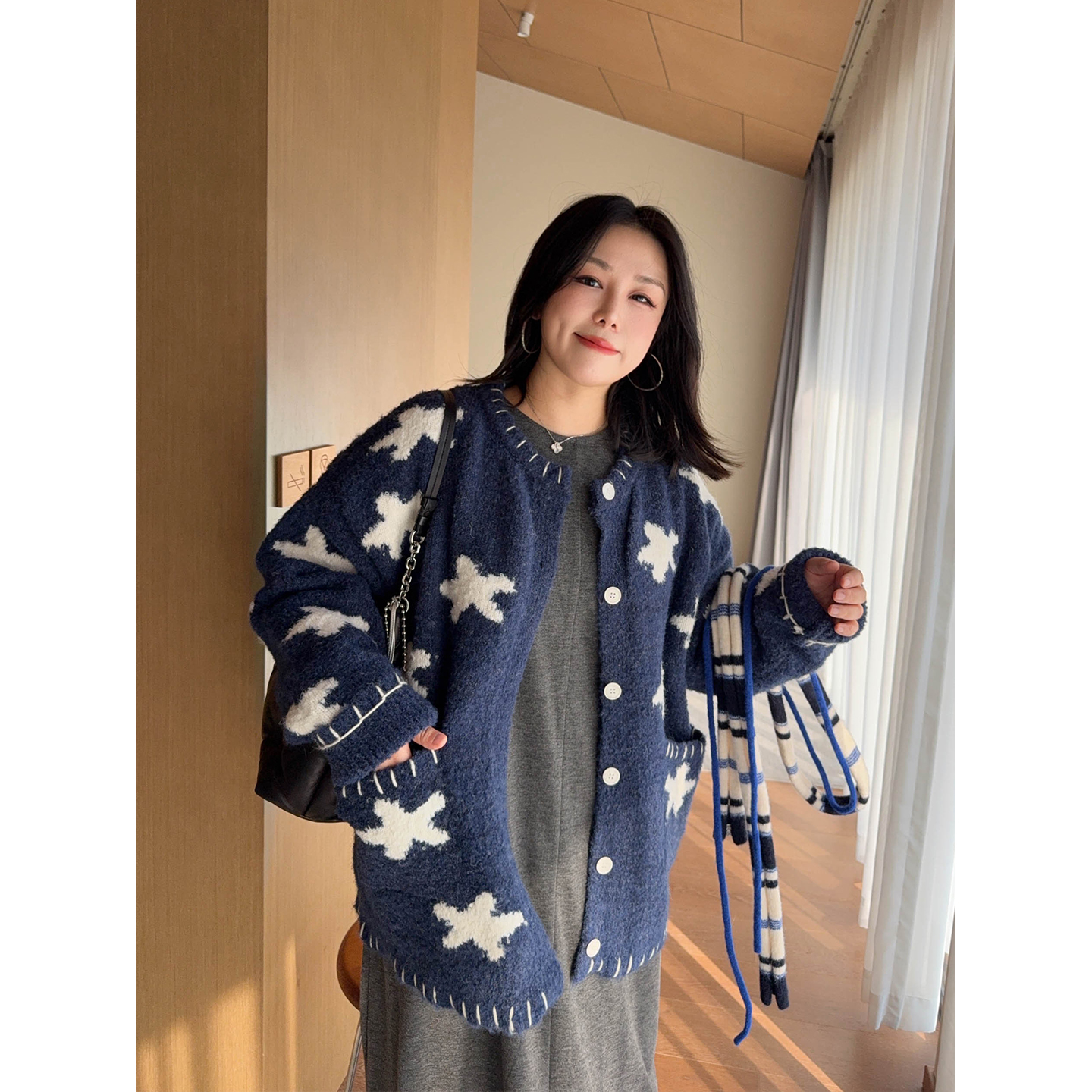 VOGANA戛纳家大码女装韩版减龄海星毛衣外套宽松显瘦松弛羊毛开衫