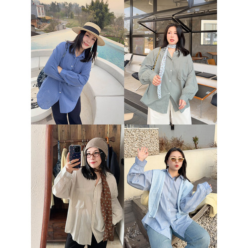 VOGANA戛纳家大码女装早春海盐轻氧元气撞色条纹衬衣宽松休闲衬衫