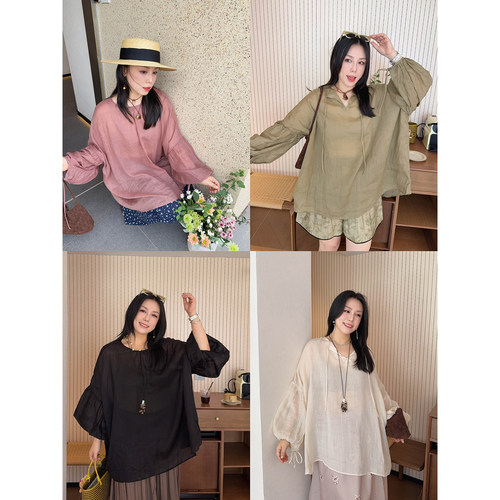 VOGANA戛纳家大码女装智奢老钱风100苎麻透气宽松显瘦防晒衬衫夏