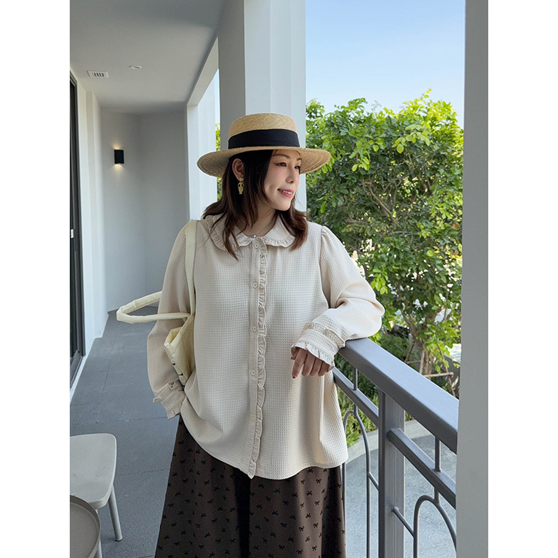 衬衫减龄娃娃领华夫格宽松显瘦