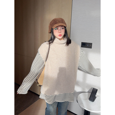 VOGANA戛纳家大码女装时髦混搭CP高领遮双下巴温暖羊毛针织厚背心