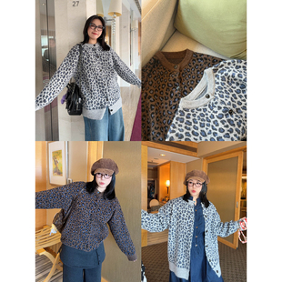 VOGANA戛纳家大码女装复古街头豹纹加厚保暖绵羊毛针织毛衣开衫冬