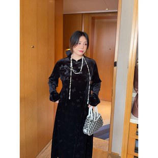 vogana戛纳家大码原创年会聚会轻奢丝绒改良旗袍冬收腰显瘦连衣裙