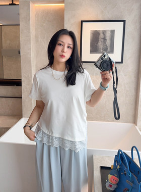 VOGANA戛纳家大码女装实穿纯色tee纯欲蕾丝边拼接宽松显瘦短袖t恤