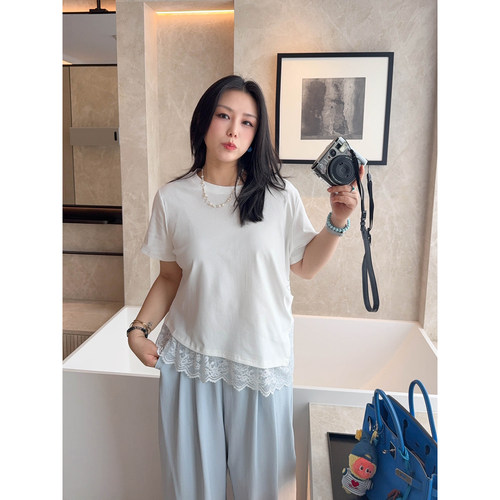 VOGANA戛纳家大码女装实穿纯色tee纯欲蕾丝边拼接宽松显瘦短袖t恤