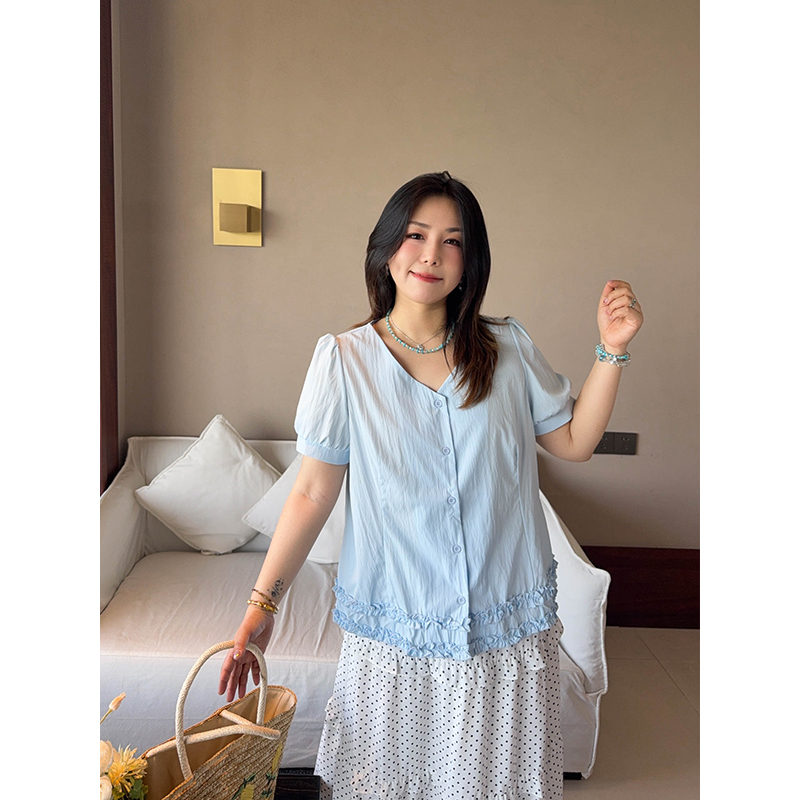 VOGANA戛纳家大码女装乖嗲缪系少女木耳边气质遮肚腩宽松显瘦衬衫