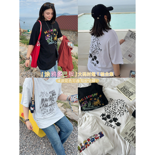 VOGANA戛纳家大码女装韩系减龄彩色字母短袖酷帅复古美式棉t恤