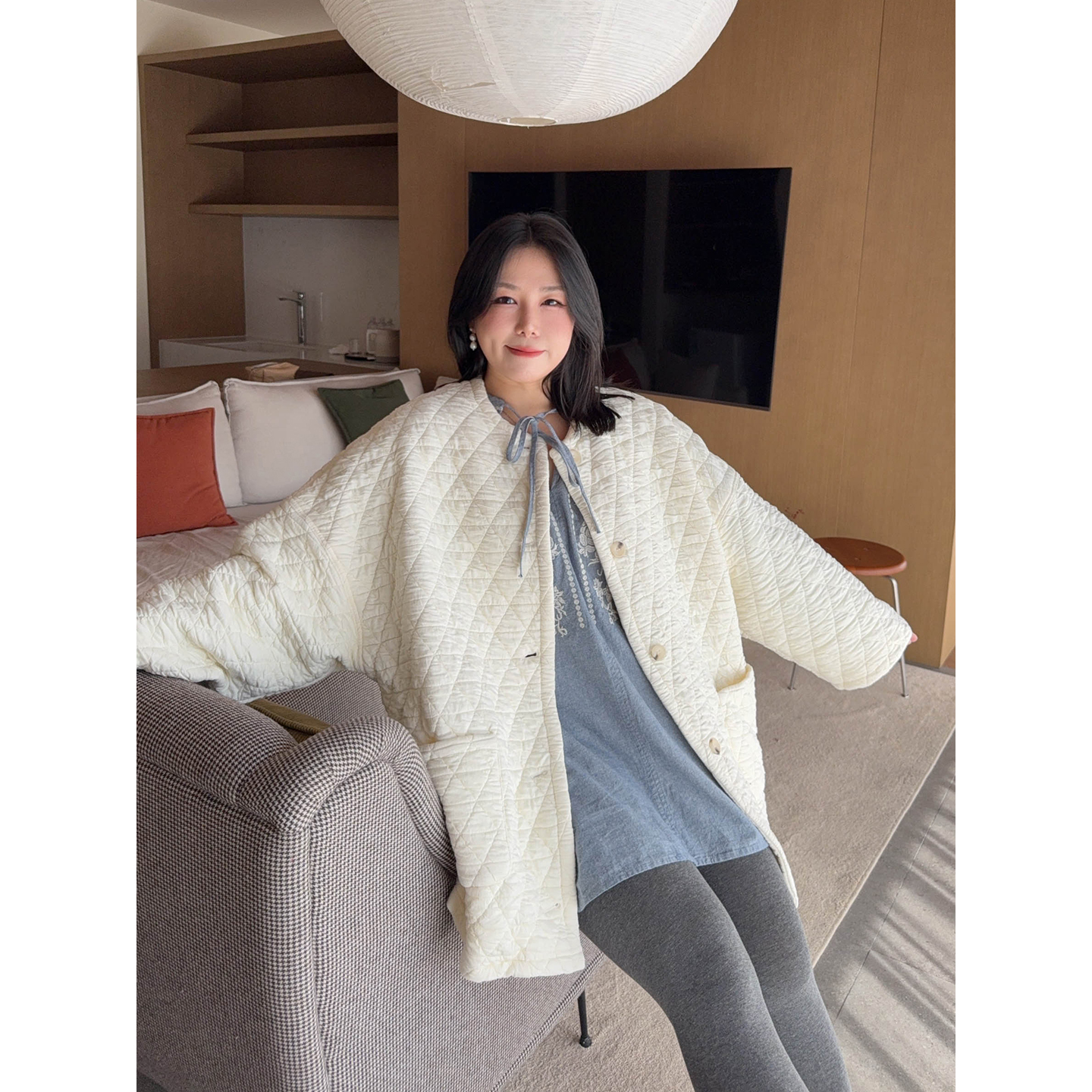 VOGANA戛纳家大码女装秋冬纯色菱格棉服宽松显瘦休闲松弛遮肉外套