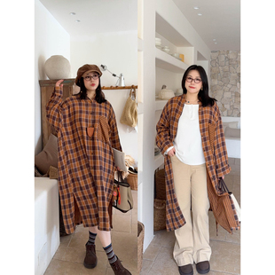 VOGANA戛纳家大码女装韩女森系复古格纹裙子秋宽松显瘦遮肉连衣裙