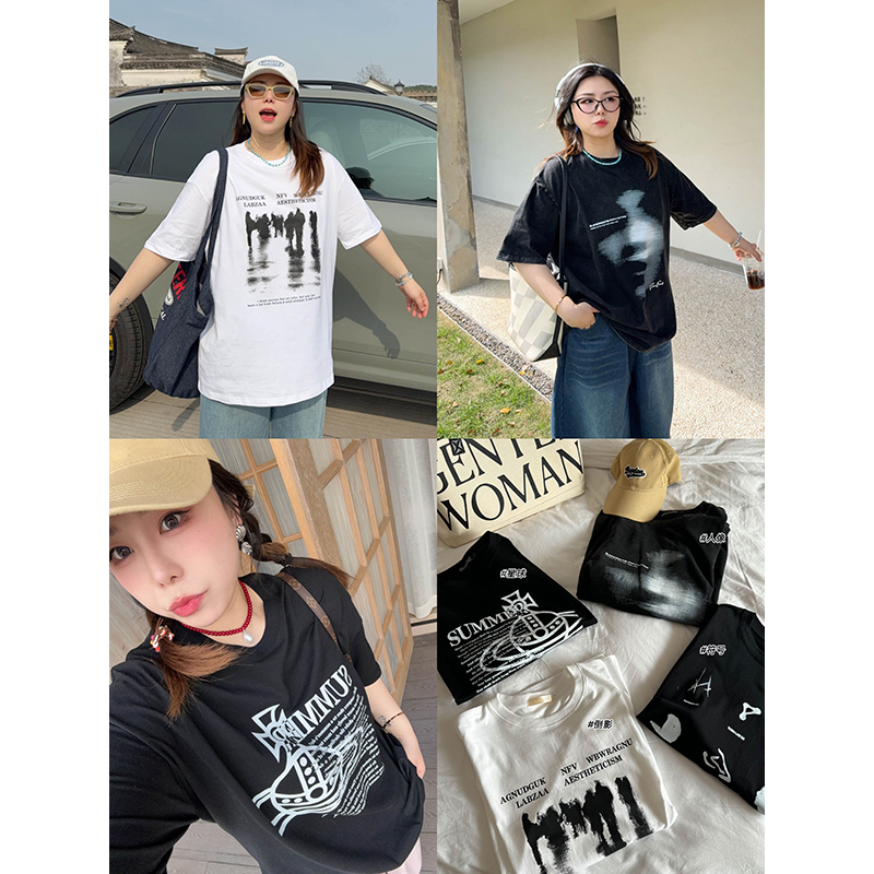 VOGANA戛纳家大码女装暗黑系酷帅上衣慵懒宽松显瘦印花棉短袖t恤