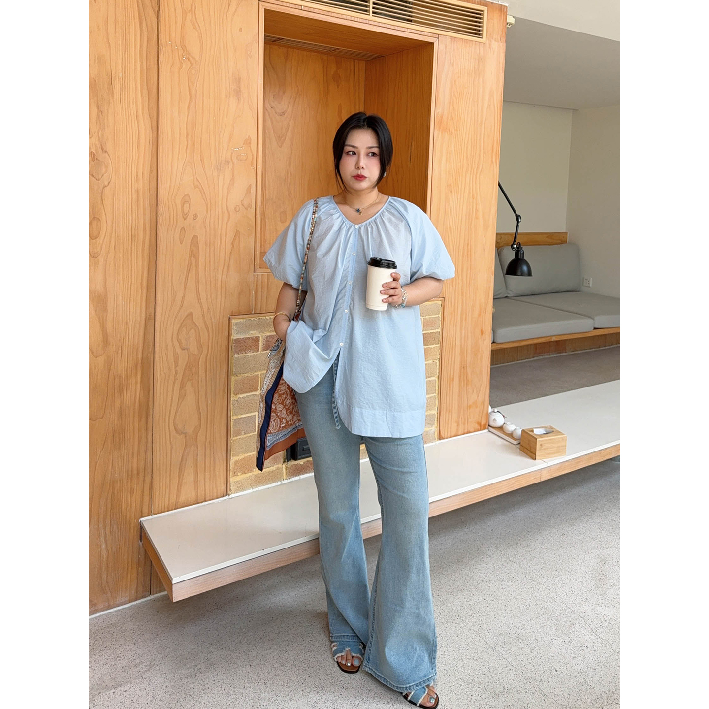 VOGANA戛纳家大码女装韩系乖乖女减龄泡泡袖宽松A字全棉衬衫上衣