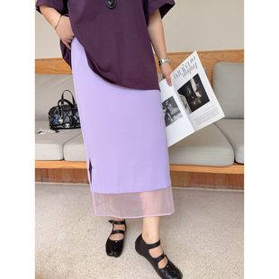 VOGANA戛纳家大码女装韩系气质时髦网纱拼接高腰显瘦A字半身裙