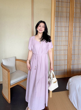 VOGANA戛纳家大码女装法式氛围感度假裙舒适透气亚麻棉收腰连衣裙