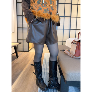 VOGANA戛纳家大码女装幂式拽姐宽松显瘦高腰廓形A字阔腿皮短裤冬