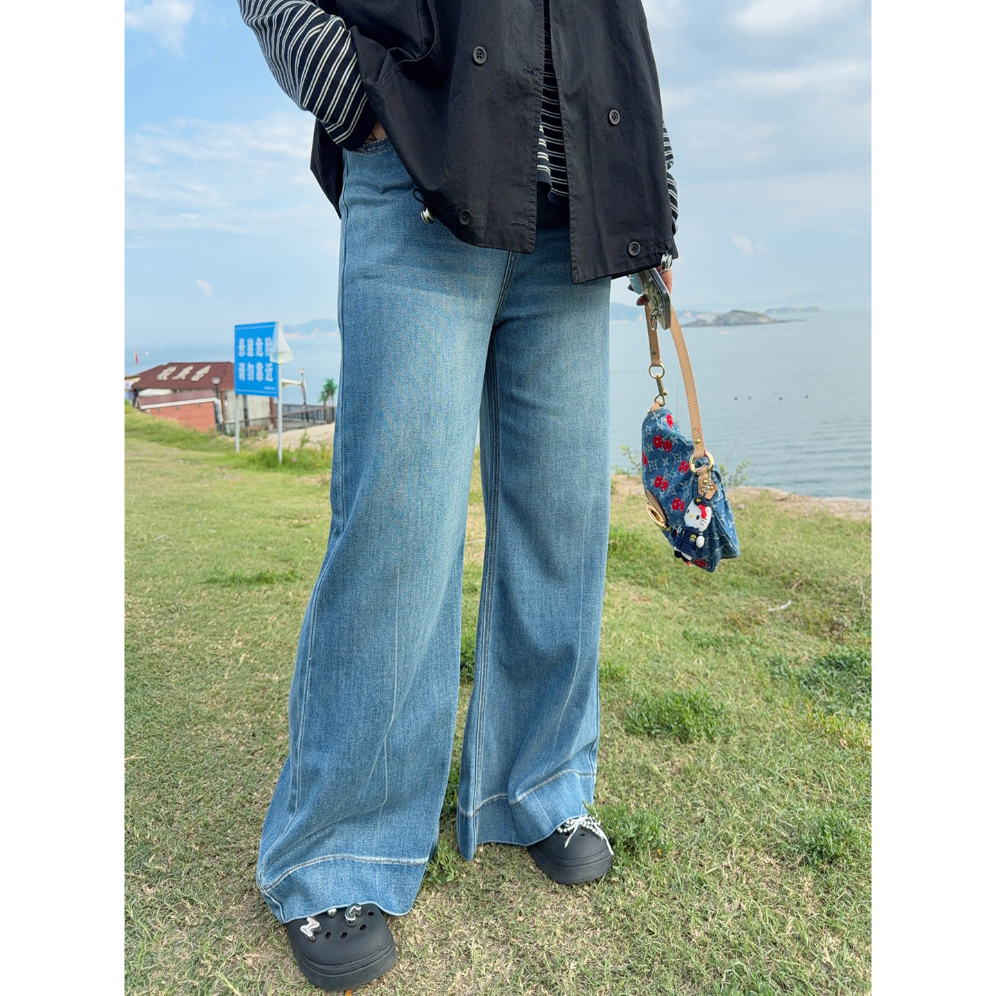 VOGANA戛纳家大码女装美式雅痞裤蓝调复古水洗高腰直筒阔腿牛仔裤