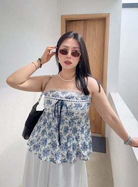 VOGANA戛纳家大码女装性感纯欲减龄碎花抹胸吊带夏A摆遮肚腩上衣