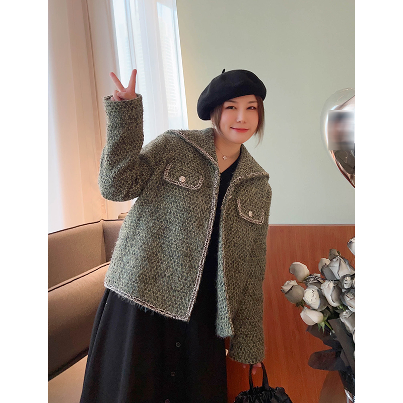 vogana戛纳家大码原创老钱风气质减龄少女感海军领编织呢宽松外套