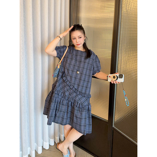 VOGANA戛纳家大码女装减龄少女感不规则荷叶边舒适天丝棉连衣裙