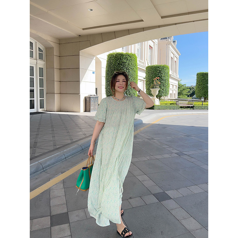 vogana戛纳家大码原创韩版优雅碎花娃娃裙夏宽松遮肚腩荷叶连衣裙