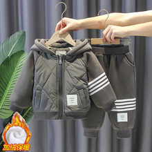 韩版儿童加绒卫衣套装男童两件套加厚保暖宝宝衣服连帽外套秋冬季