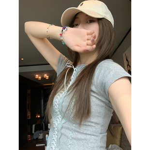 女t恤夏 ASHENONLINE 上衣短款 修身 纯棉蕾丝正肩绑带圆领灰色短袖