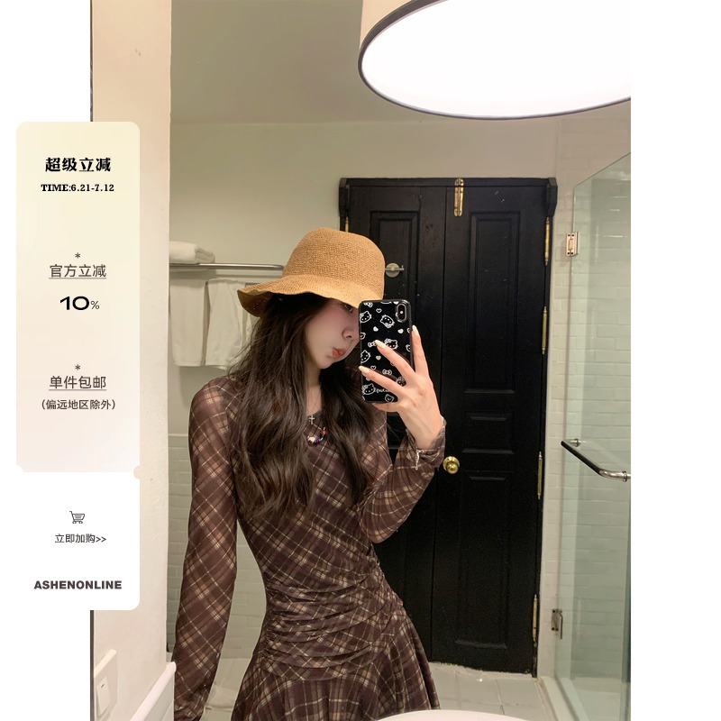 ASHENONLINE 复古格纹褶皱连衣裙女春夏长袖辣妹修身收腰休闲短裙