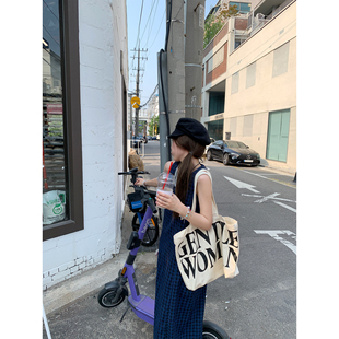 宽松直筒蓝色格纹连衣裙 ASHENONLINE 裙夏季 少女甜美无袖 休闲长款