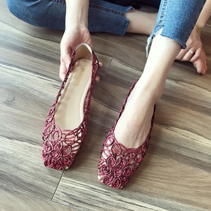 英伦复古风百搭2021新款方头镂空编织面软底舒适女鞋平底套脚凉鞋