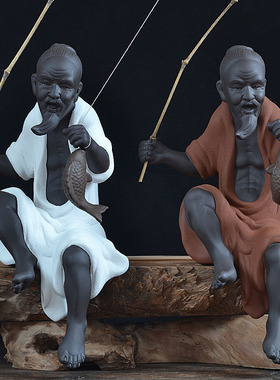 陶瓷姜太公钓鱼鱼缸假山造景配件