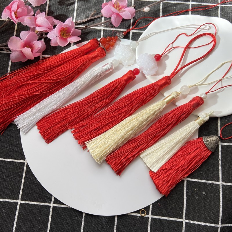 扇子吊坠流苏 红色双流苏珍珠吊穗DIY手工团扇配件中国结穗子玉石