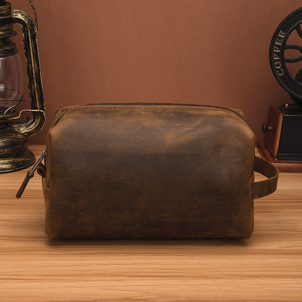 疯马皮简约洗漱包真皮大容量手抓包头层牛皮化妆包做旧手提小包包