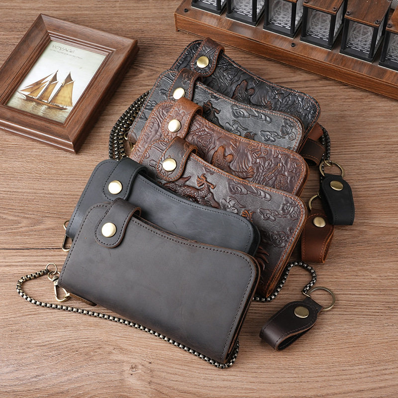 RFID防盗刷铁链防盗疯马皮钱包复古风格头层牛皮男手包钱包大容量