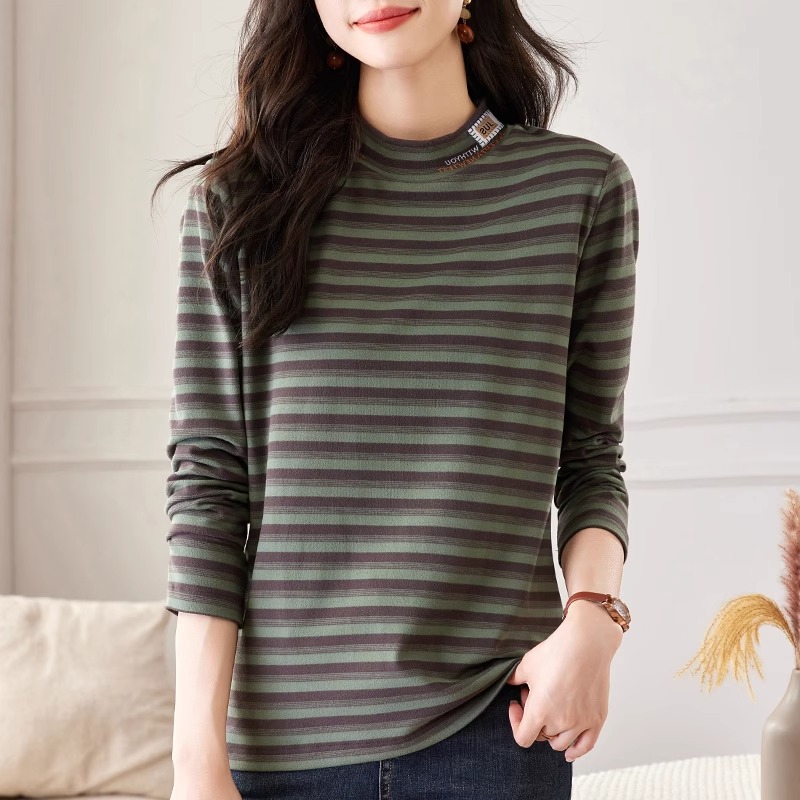 德绒半高领打底衫女装2025秋冬新款条纹长袖t恤大码保暖内搭上衣