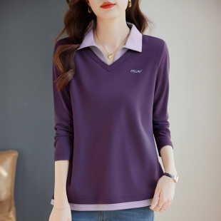 大码 假两件长袖 洋气妈妈polo体恤衫 秋冬新款 胖mm女士上衣 t恤女装