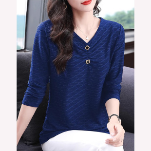 胖mm女士打底衫 长袖 洋气妈妈宽松v领上衣大码 2025秋冬新款 t恤女装