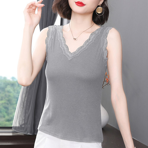 大码胖mm蕾丝吊带背心女装夏季新款外穿无袖t恤内搭v领上衣打底衫