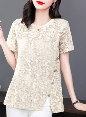 蕾丝女夏装新款中年妈妈短袖t恤小衫大码胖mm宽松显瘦遮肚子上衣