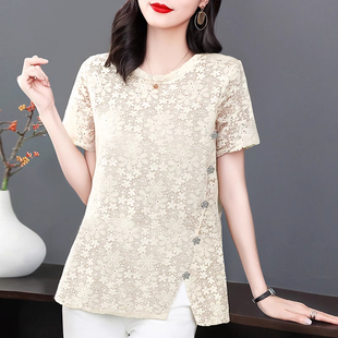 蕾丝女夏装新款中年妈妈短袖t恤小衫大码胖mm宽松显瘦遮肚子上衣