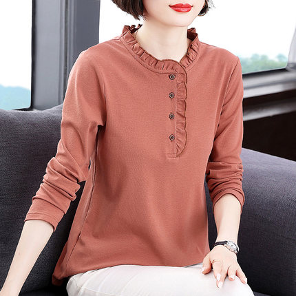 纯棉大码打底衫女装2025春秋新款中年妈妈长袖t恤女士百搭上衣服