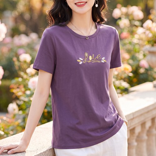 纯棉短袖t恤女夏装新款中年妈妈刺绣大码胖mm宽松显瘦女士上衣服